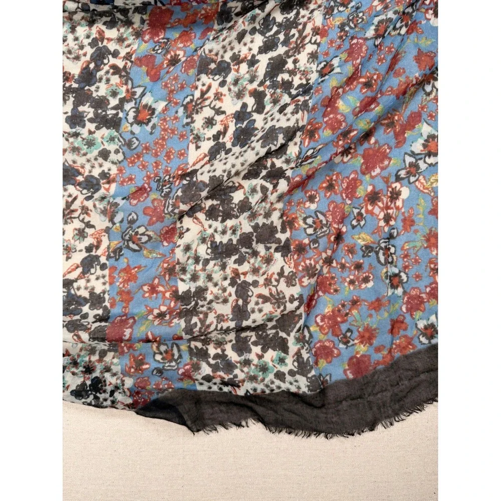 Floral Paneled Lightweight Scarf Blue Red Black Frayed Eyelash Hem Accessory
